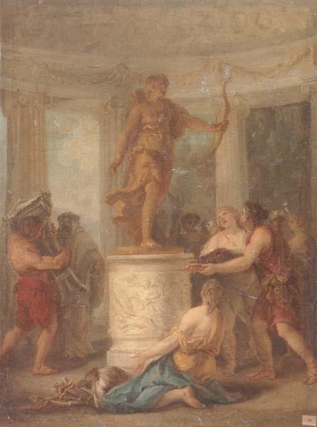 unknow artist Interior of a classical temple,with hunters making an offering to a statue of diana France oil painting art